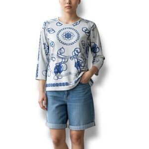 J. McLaughlin Catalina Beach Nautical Equestrian Blue White Top sz S